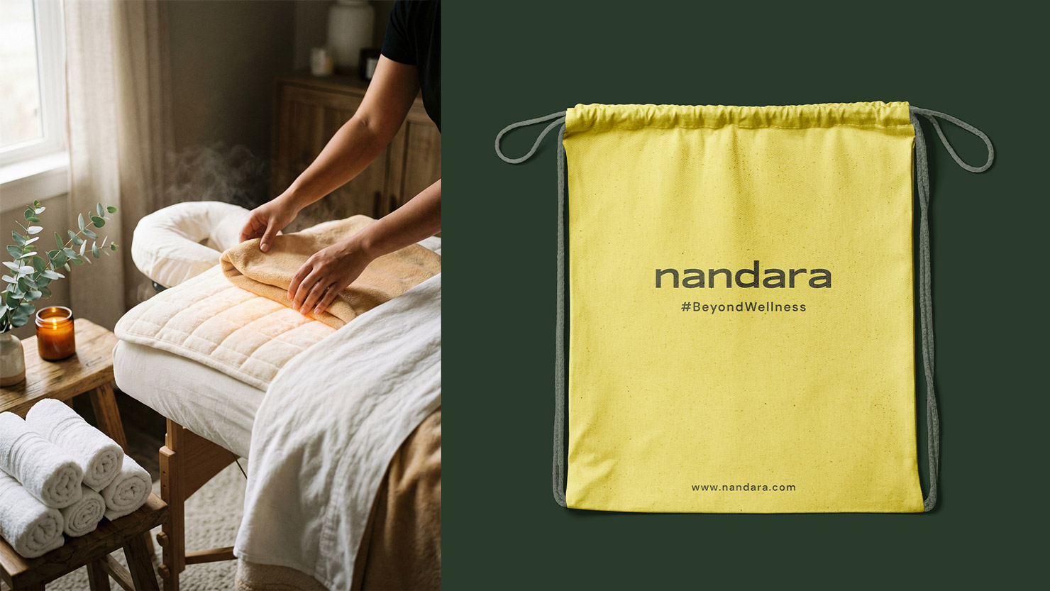 Massage practitioner preparing a table beside a yellow Nandara tote bag