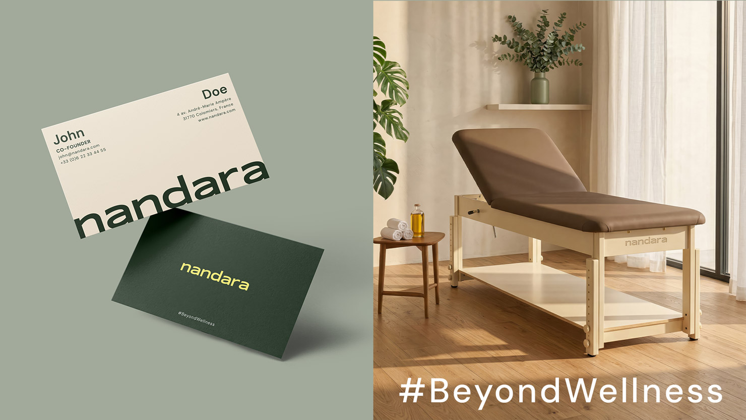 Nandara business cards and massage table with the #BeyondWellness claim