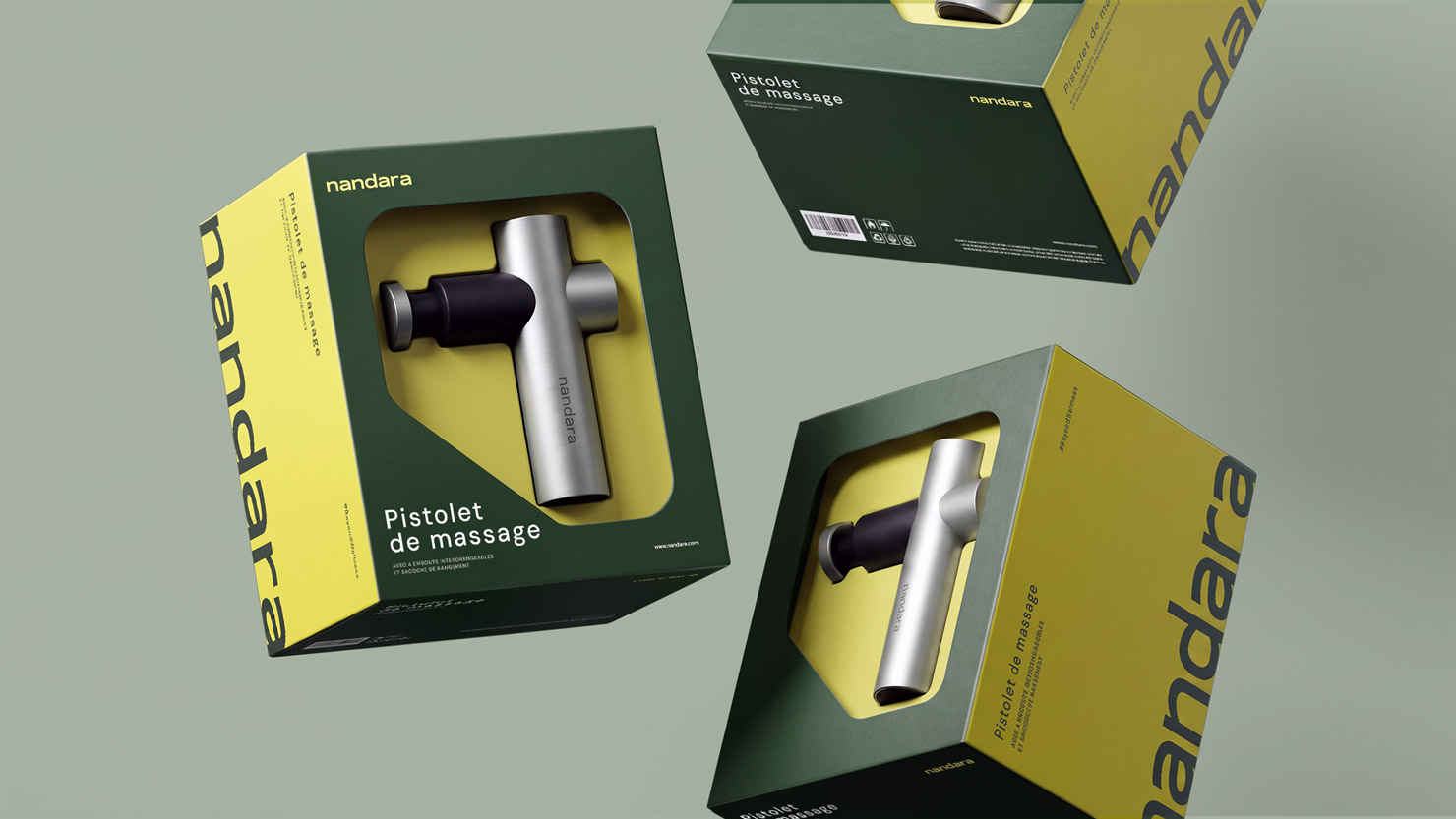 Nandara massage gun packaging in green and yellow